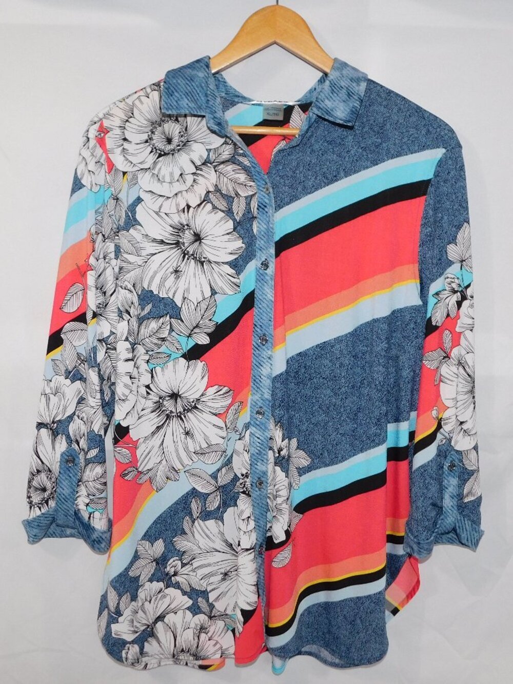 Nygard Striped Floral Multicolor Button Front Blouse 3/4 Sleeve Womens XL
